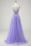 Sparkly Purple Floral A-Line Long Prom Dress with Detachable Sleeves