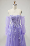 Sparkly Purple Floral A-Line Long Prom Dress with Detachable Sleeves
