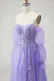 Sparkly Purple Floral A-Line Long Prom Dress with Detachable Sleeves