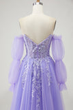 Sparkly Purple Floral A-Line Long Prom Dress with Detachable Sleeves