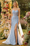 Sparkly Blue Floral Sequin Mermaid Long Corset Prom Dress