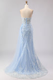 Sparkly Floral Blue Mermaid Sequin Long Corset Prom Dress with Slit