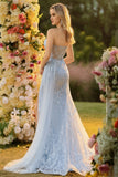 Sparkly Floral Blue Mermaid Sequin Long Corset Prom Dress with Slit
