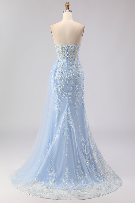 Sparkly Blue Floral Sequin Mermaid Long Corset Prom Dress