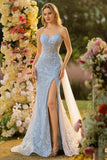 Sparkly Floral Blue Mermaid Sequin Long Corset Prom Dress with Slit