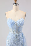 Sparkly Blue Floral Sequin Mermaid Long Corset Prom Dress