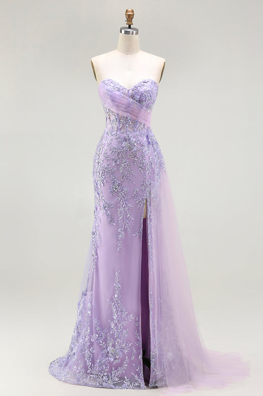 Sparkly Floral Purple Mermaid Sequin Long Corset Prom Dress with Slit