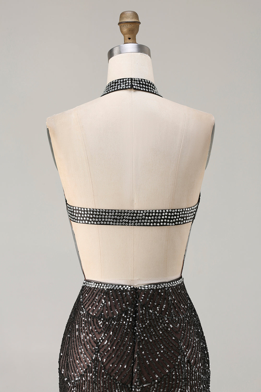 Sparkly Champagne Halter Neck Mermaid Beaded Long Prom Dress with Slit