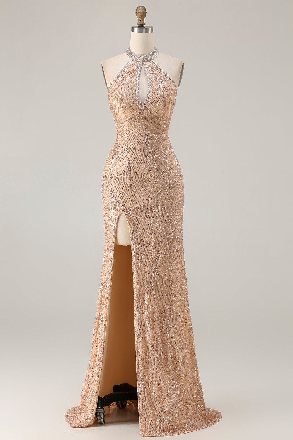 Zapaka Women Champagne Sequin Long Prom Dress with Slit Halter Mermaid Beaded Evening Party Dress with Keyhole, Champagne / UK12 Zapaka Women Champagne Sequin Long Prom Dress with Slit Halter Mermaid Beaded Evening Party Dress with Keyhole, Champagne / UK12