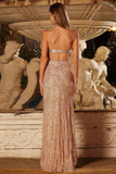 Sparkly Champagne Mermaid Halter Neck Long Prom Dress with Slit
