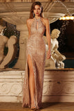 Sparkly Champagne Mermaid Halter Neck Long Prom Dress with Slit