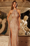 Sparkly Champagne Mermaid Halter Neck Long Prom Dress with Slit
