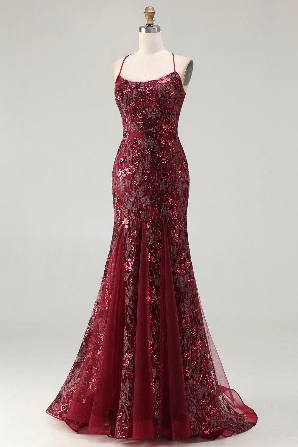 Sparkly Floral Burgundy Mermaid Sequins Long Prom Dress with Beading