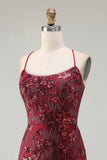 Sparkly Floral Burgundy Mermaid Sequins Long Prom Dress with Beading
