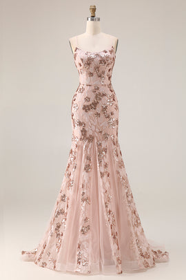 Sparkly Floral Rose Golden Sequins Mermaid Beaded Long Prom Dress