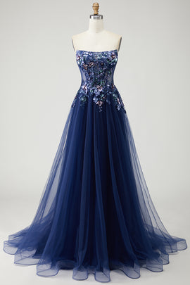 Sparkly Navy Floral A-Line Long Prom Dress with Embroidery