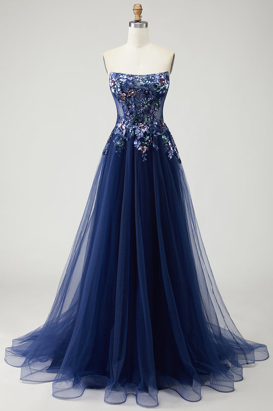 Sparkly Navy Floral A-Line Long Prom Dress with Embroidery