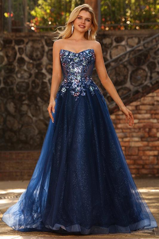Sparkly Floral Navy A-Line Tulle Long Prom Dress with Embroidery