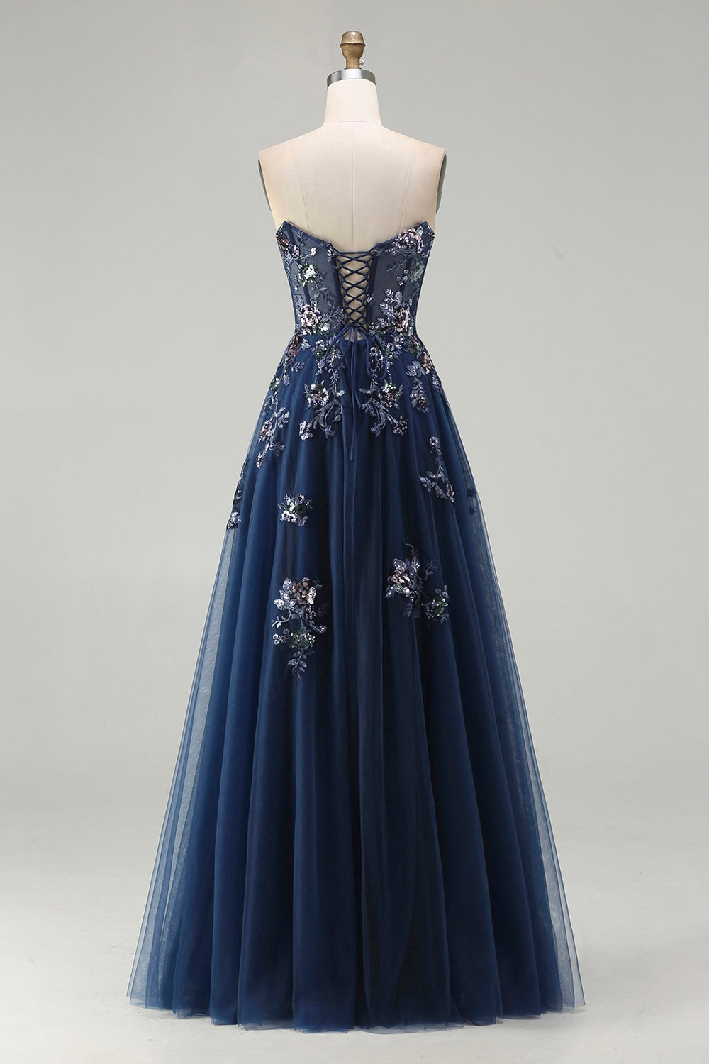 Sparkly Floral Navy A-Line Tulle Long Corset Prom Dress with Sequin