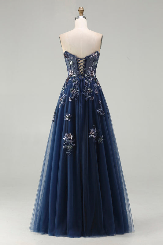 Sparkly Floral Navy A-Line Tulle Long Corset Prom Dress with Sequin