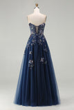 Sparkly Floral Navy A-Line Tulle Long Corset Prom Dress with Sequin