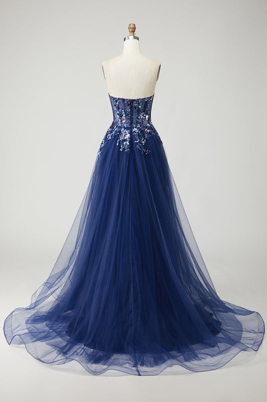 Sparkly Navy Floral A-Line Long Prom Dress with Embroidery