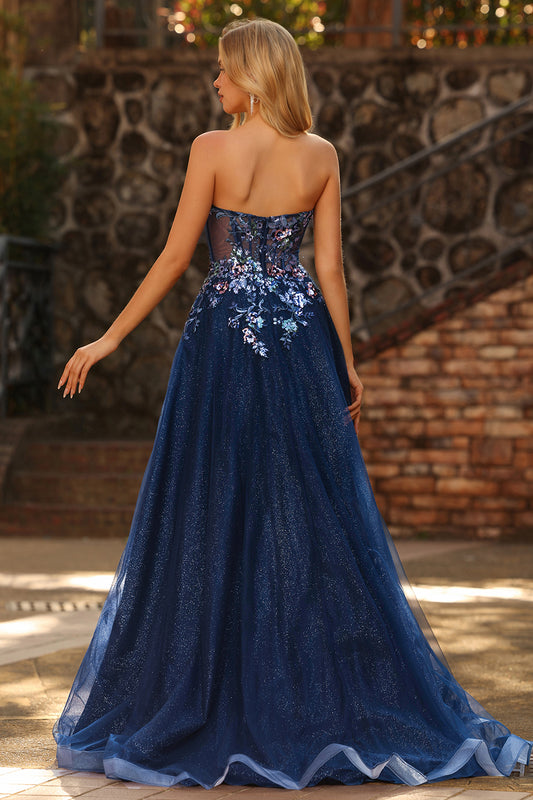 Sparkly Floral Navy A-Line Tulle Long Prom Dress with Embroidery