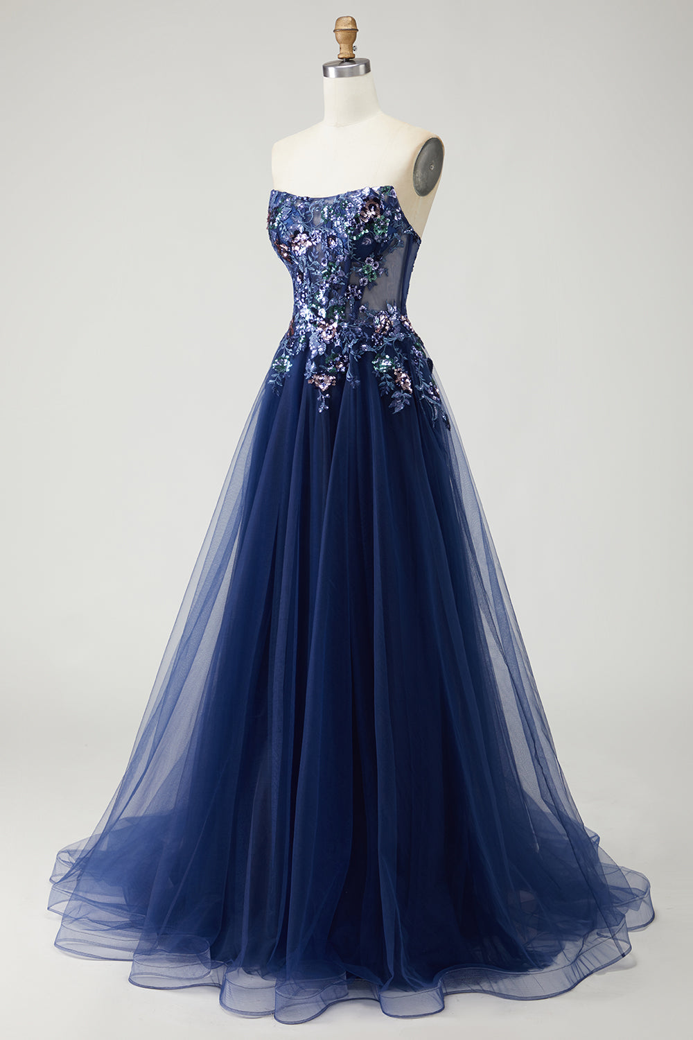 Sparkly Navy Floral A-Line Long Prom Dress with Embroidery