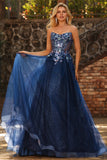Sparkly Floral Navy A-Line Tulle Long Prom Dress with Embroidery