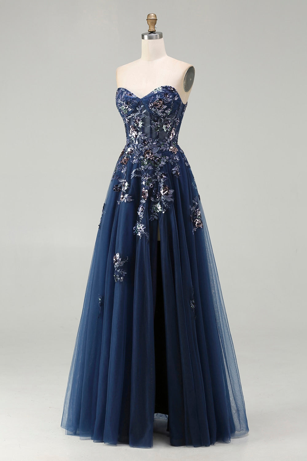 Sparkly Floral Navy A-Line Tulle Long Corset Prom Dress with Sequin