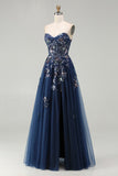 Sparkly Floral Navy A-Line Tulle Long Corset Prom Dress with Sequin