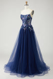 Sparkly Navy Floral A-Line Long Prom Dress with Embroidery