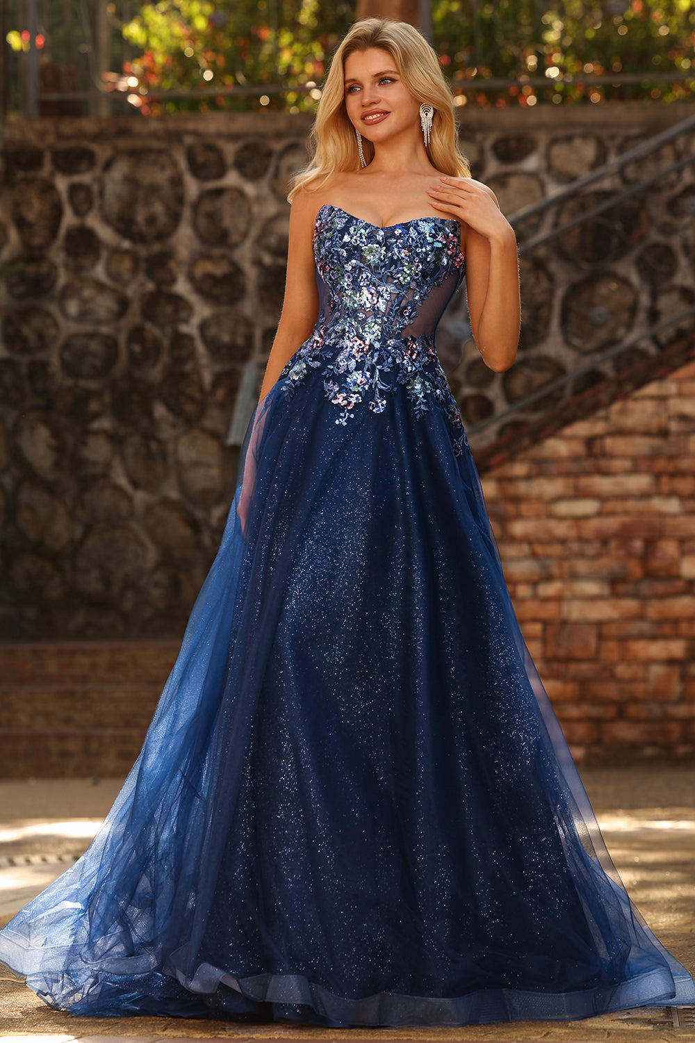 Sparkly Floral Navy A-Line Tulle Long Prom Dress with Embroidery
