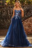 Sparkly Floral Navy A-Line Tulle Long Prom Dress with Embroidery