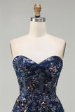 Sparkly Floral Navy A-Line Tulle Long Corset Prom Dress with Sequin