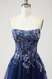 Sparkly Navy Floral A-Line Long Prom Dress with Embroidery
