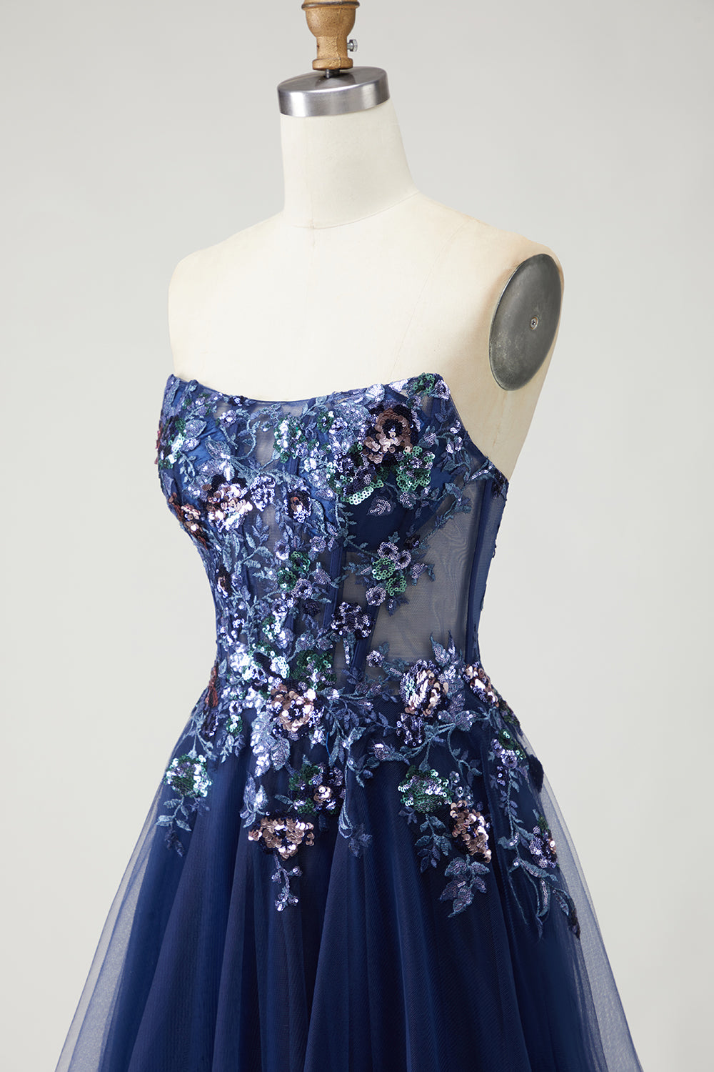 Sparkly Navy Floral A-Line Long Prom Dress with Embroidery