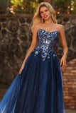Sparkly Floral Navy A-Line Tulle Long Prom Dress with Embroidery
