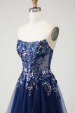 Sparkly Navy Floral A-Line Long Prom Dress with Embroidery