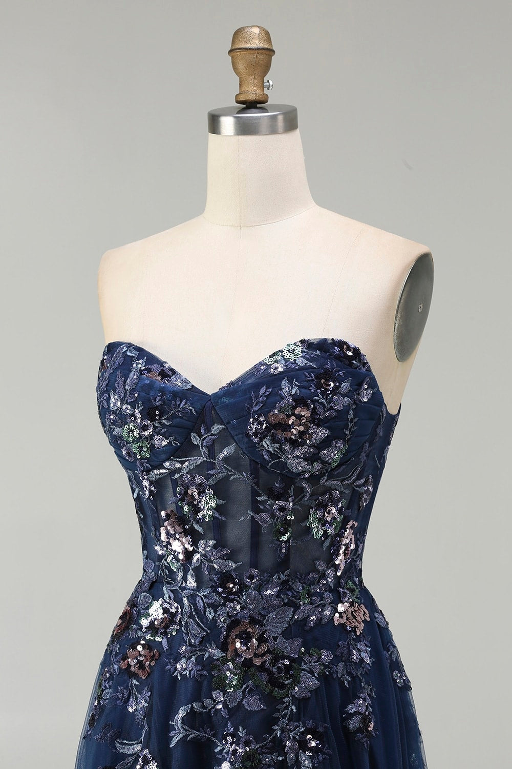 Sparkly Floral Navy A-Line Tulle Long Corset Prom Dress with Sequin