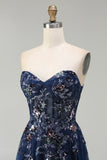 Sparkly Floral Navy A-Line Tulle Long Corset Prom Dress with Sequin