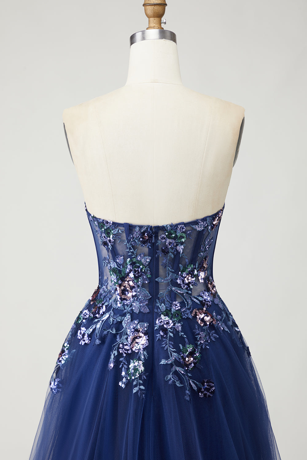 Sparkly Navy Floral A-Line Long Prom Dress with Embroidery