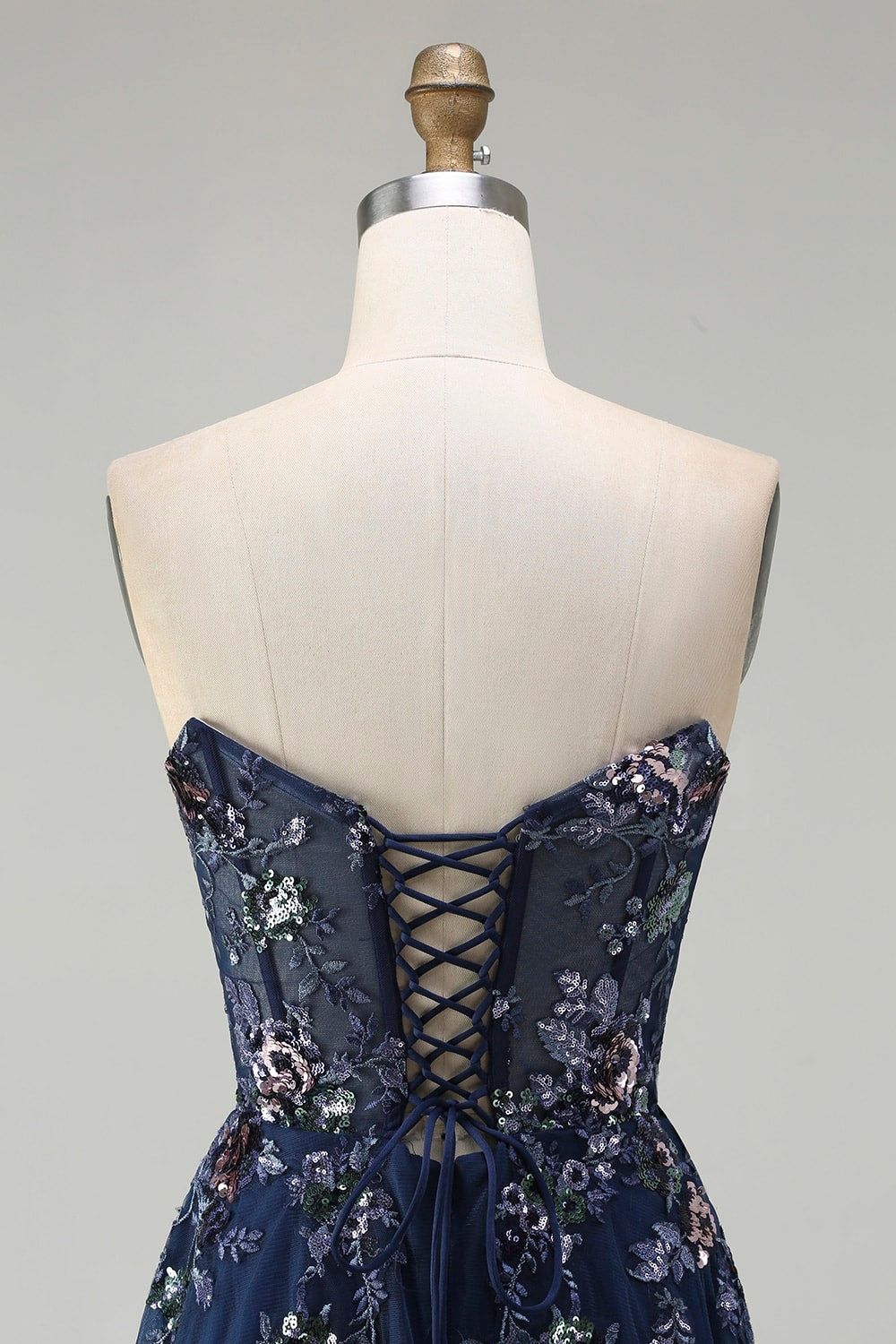 Sparkly Floral Navy A-Line Tulle Long Corset Prom Dress with Sequin