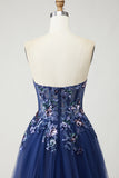 Sparkly Navy Floral A-Line Long Prom Dress with Embroidery