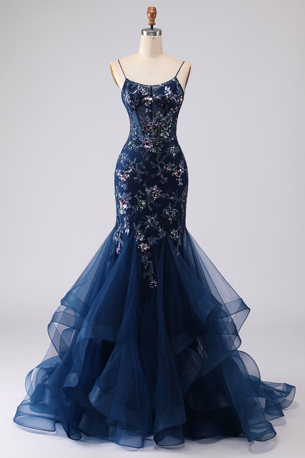 Sparkly Navy Pus Size Floral Ruffled Spaghetti Straps Mermaid Long Corset Prom Dress