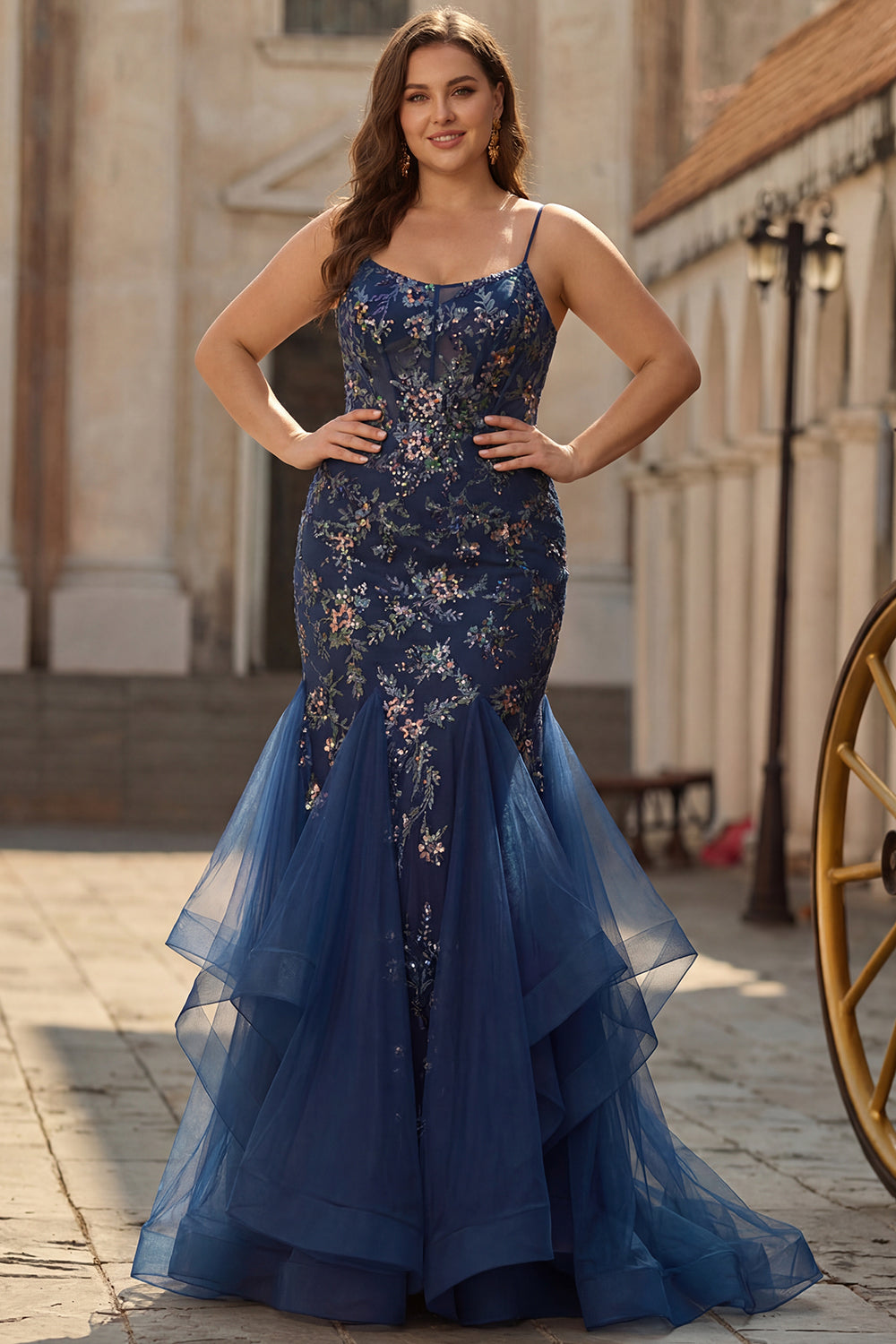 Sparkly Navy Ruffled Floral Appliqued Spaghetti Straps Mermaid Long Corset Prom Dress