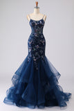 Sparkly Navy Pus Size Floral Ruffled Spaghetti Straps Mermaid Long Corset Prom Dress