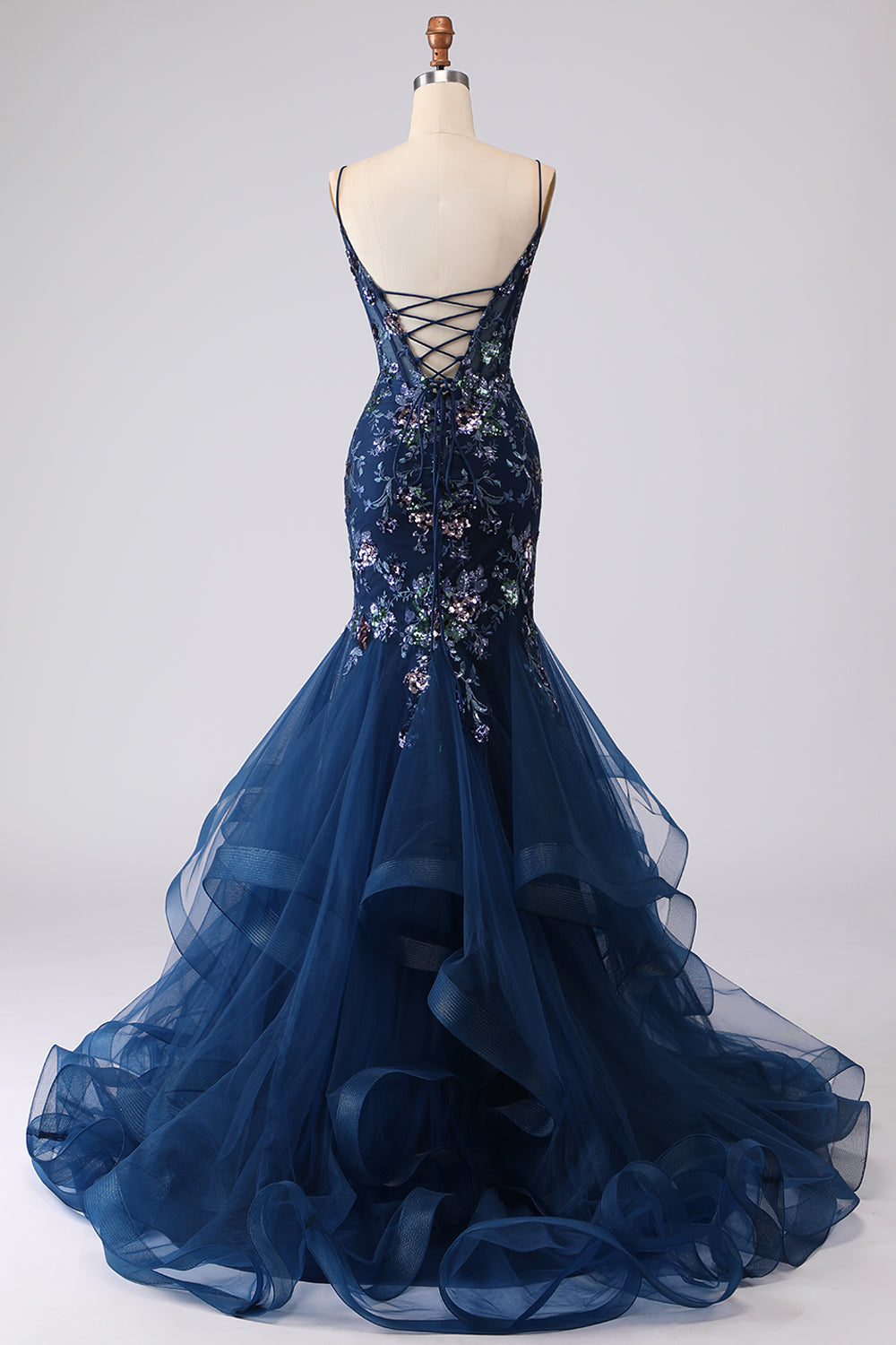 Sparkly Navy Pus Size Floral Ruffled Spaghetti Straps Mermaid Long Corset Prom Dress