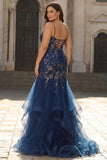Sparkly Navy Pus Size Floral Ruffled Spaghetti Straps Mermaid Long Corset Prom Dress