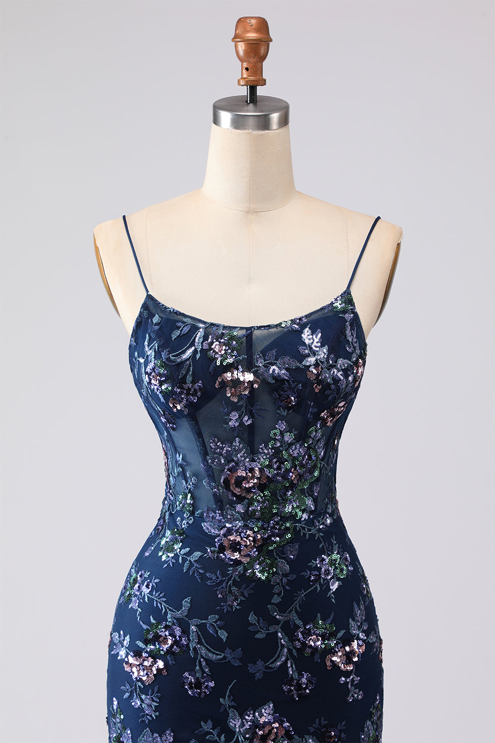 Zapakasa Women Sparkly Navy Appliqued Floral Long Corset Prom Dress Ruffled Spaghetti Straps Mermaid Lace Up Back Sequin Pageant Dress